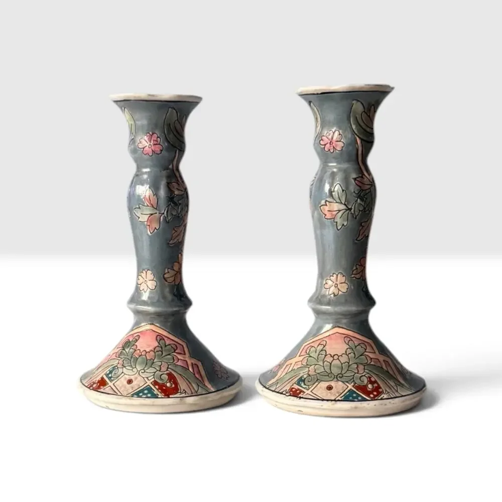 Vintage Macau Hand Painted Porcelain Trumpet Candlesticks Pair 6.5